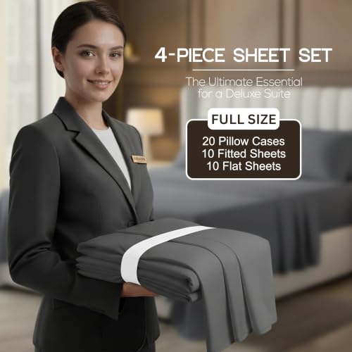 Image of 10-Pack Full Size Hotel Sheet Set, Soft Brushed Microfiber Commercial Sheets, Resort Quality Bedding, Deep Pocket, Shrink & Fade Resistant, Easy Care, Grey