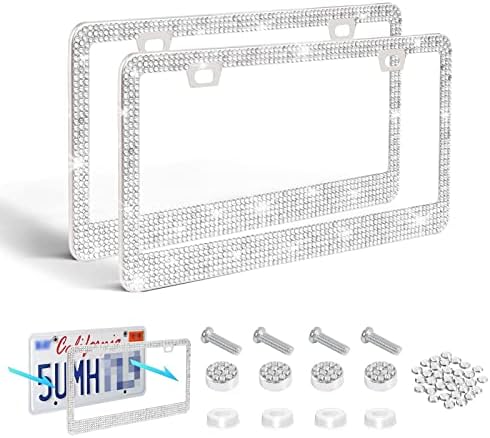 Bling License Plate Frames for Women, Diamond Rhinestone License Plate Holder 2 Pack Bedazzled Handmade Stainless Steel License Plate Frame, Sparkly Car License Plate Cover with Glitter Crystal Caps