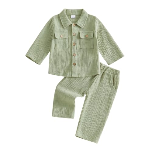 Image of VISGOGO Toddler Boy Linen Outfit Baby Boy Fall Winter Clothes Set Button-Down Shirt Tops Cotton Linen Pants 2PCS