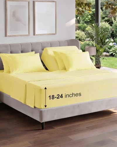 Image of CGK Unlimited Extra Deep Flex Top Split Head King Sheet Set - 6 Piece Breathable and Cooling Sheets - Hotel Luxury Bedding for Women, Men, Kids & Teens - Easy Secure Fit - Extra Deep Pockets - Yellow