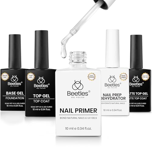 Beetles Gel Top Coat and Base Coat Set with Nail Dehydrator and Primer, 5 Pcs 10ml Glossy & Matte Top Coat Gel Nail Polish Nail Prep Acid-Free and Hema-Free Dehydrate Bond Primer Set for Acrylic