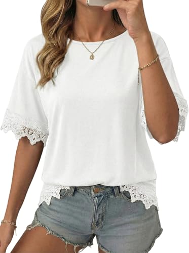 Dokotoo Tshirt Shirts for Women Trendy 2026 Lace Short Sleeve Oversized Tops Basic Tees Casual Spring Fashion Clothes Summer Outfits White Small