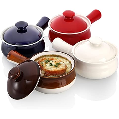 ZOOFOX Set mit 4 französischen Zwiebel-Suppentöpfen, 473 ml, Suppenschüsseln mit Griff und Deckel, Suppentöpfe, ofenfest für Suppe, Rindfleisch, Eintopf, Chili Cover