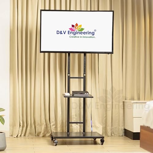 Image of D&V Engineering Metal Mobile TV Stand on Wheels | Height Adjustable TV Trolley | Rolling Cart for 32-55 Inch LED, LCD, Smart TVs | Portable Stand for Home, Office, School and College Use - Classic