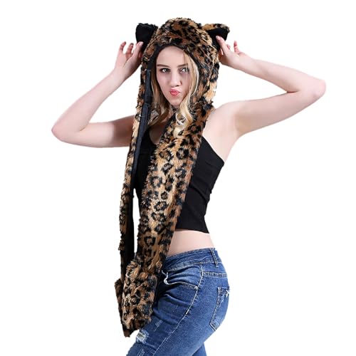 TopTie Faux Fur Hat Scarf Full Pockets Ear Flat Cap Hoodie Furry Mittens Winter Skiing Party Costume3