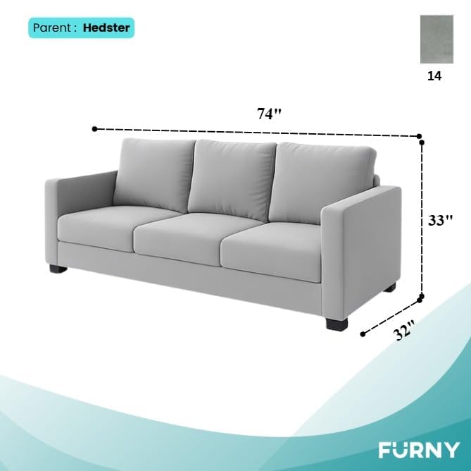 Image of FURNY Haster 3 Seater Fabric Sofa (Light Grey Color) Premium Velvet Finish Durable & Comfortable Ideal for Living Room