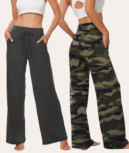 Image of TNNZEET 3 Pack Women's Wide Leg Pants with Pockets - Casual Loose Yoga Trouser Pants Sweatpants Palazzo Lounge Pajama Pants