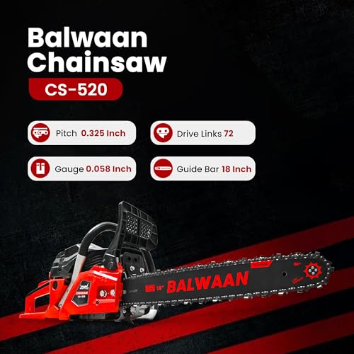 Image of Balwaan Krishi Petrol Chainsaw | 52cc 2-Stroke Engine | 18 inch Guide Bar | 0.55L Fuel Tank | Heavy-Duty Wood Cutting Tool for Farming, Tree Felling, Branch Trimming & Outdoor Use |CS-520