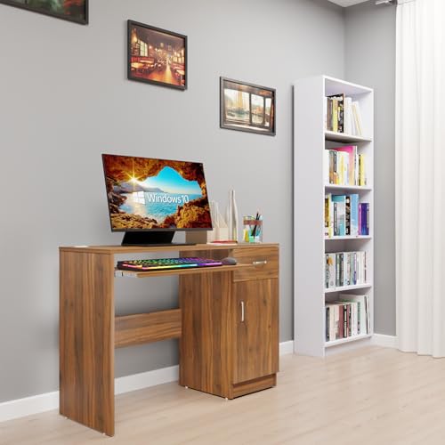 Image of VIKI Engineered Wood Computer Table, Study Table, Desks with Drawer, Door, Storage, Keyboard Tray for Adults /Students, Office Home | KHONSA | Brussel Walnut, 100W x 75H x 40D | 1 Year Warranty