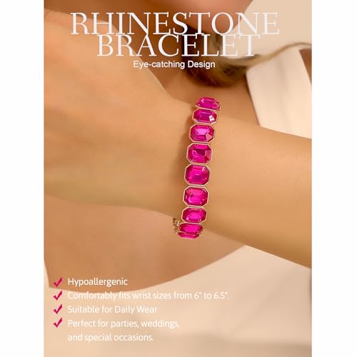 KELMALL 14K Gold Plated Stretch Bracelet for Women – Pink Rhinestone Elastic Bangle – Hypoallergenic Statement Jewelry for Daily Wear, Parties and Gifts2