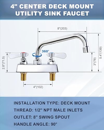 Image of Utility Laundry Sink Faucet,Laundry Room Faucets for Utility Sink 4 inch Center,8 inch Swivel Spout Laundry Tub Faucet with Hose Thread,Brass Construction Chrome Polished, for Bar Garden,Garage,RV