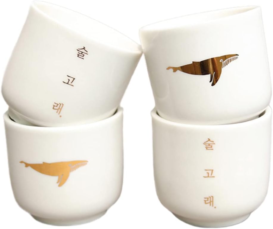 Korean 24K Gold Handpainting Ceramic SOJU Shot Glasses Whale 4p Set Soju Cup Party Drinking Traditional Product Package