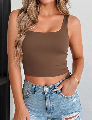 Zeagoo Women's Sexy Square Neck Sleeveless Trendy Going Out Crop Tank Top Summer Sleeveless Shirts Brown - image 3