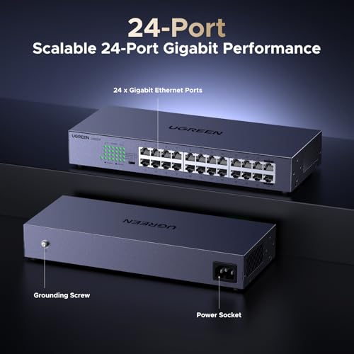 Image of UGREEN 24 Port Gigabit Switch, Rackmount Plug & Play Ethernet Switch, 4 Mode, Unmanaged Network Splitter for Office & Business, Metal Fanless Desktop & Wall Mount Hub for NAS, PC, Printer, Router