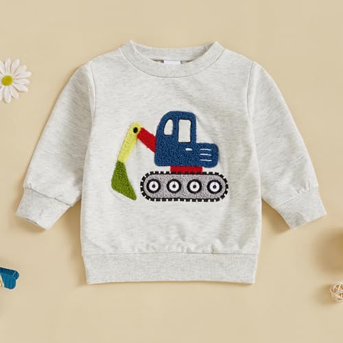 Toddler Boys Sweatshirts Crewneck Excavator/Truck Embroidery Long Sleeve Pullover Tops Cartoon Tees 3M-3Y2