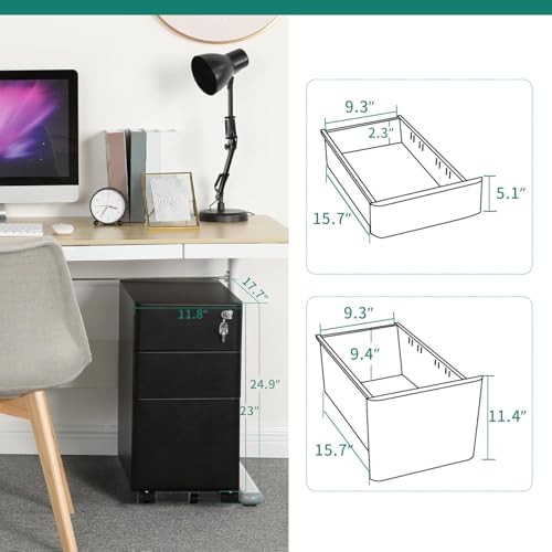 Image of YITAHOME 3-Drawer Metal Filing Cabinet Office, Compact Portable Slim File Cabinet Drawers with Keys, Pre-Built Office Storage Cabinet for A4 /Letter /Legal (Black)