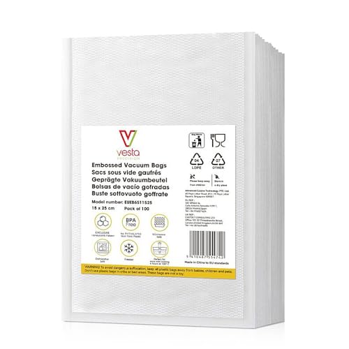 Vesta Precision Vakuumierbeutel mit Prägung zum Kochen und Verpacken | BPA-frei, 30% weniger Kunststoff, mikrowellen-, gefrier- und Sous-Vide-geeignet | 100 Einheiten à 15x25 cm