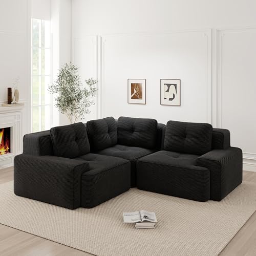 Muskel Sofá modular de esquina en forma de L, moderno sofá de 3 plazas, sofá de pana sin montaje, sofá sin montaje, sofá sin desnudos, juego combinable, para salón (negro, 3C)
