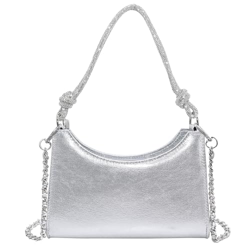 Milisente Giltter Clutch bag for Women Wedding Crackle Leather‌ Shoulder Bag with Rhinestone Strap(Silver)