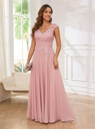 Women's Lace Applique Mother of The Bride Dresses for Wedding V-Neck Long Formal Evening Gowns4