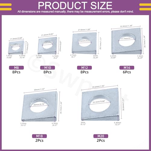 Swpeet Quadrat schräg Lager Strut Platte 34pcs 6 Größen M8 / M10 / M12 / M16 / M18 / M20 verzinktes Silber schräg quadratische Scheiben Sortiment-Kit, keilförmige Scheiben in Kohlenstoffstahl