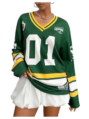 SweatyRocks Girl's Number Graphic Jersery T Shirt Oversized Long Sleeve V Neck Casual Tees Top