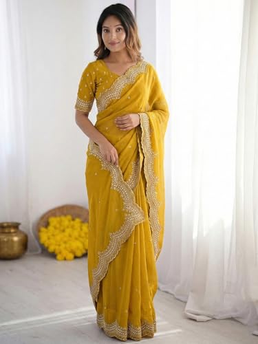 Image of SIRIL Women's Shimmer Georgette Scalloped Border Sequins Embroidery Saree with Unstitched Blouse Piece
