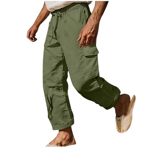 Linen Cargo Pants for Men Vacation Casual Elastic Waist Pants with Pockets Loose Beach Yoga Travel Lounge Trousers