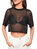 SHENHE Women's Sheer Mesh Top Crew Neck Short Sleeve Loose Fit Crop Tee Shirt Top Black Large