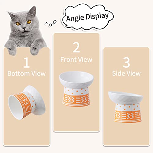 Tilted Ceramic Raised Cat Bowls, 8 Ounce Elevated Slanted Food Bowls Set, 5 Inch Porcelain Pet Feeder Dish, Stress Free Anti Vomiting, Protect Pet's Spine, Backflow Prevention, Set Of 2(Grey&Orange) #TOP2