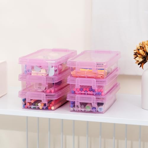Image of 1QT 6Packs Clear Craft Organizers and Storage with Fixed-Compartment Tray,Art Supply Organizers and Storage, Craft Storage Bins with Lids for Beads, Markers, Sewing, Playdoh, Coloring Books, Pink
