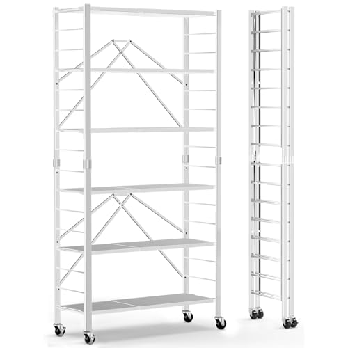 Image of Himix 6-Tier Foldable Storage Shelves Expandable Shelf Wheels White 2-in-1 | Folding shelving units, Metal collapsible organization, Changeable into 2 shelf units, Garage, Kitchen, Holds 3600 Ibs