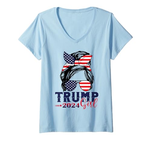 Mujer Trump Girl 2024 Messy Bun Bandera Americana Trump 2024 Elecciones Camiseta Cuello V