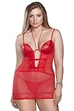 iCollection Women's Plus-Size Sequin Mesh and Lace Chemise, Red, 2X
