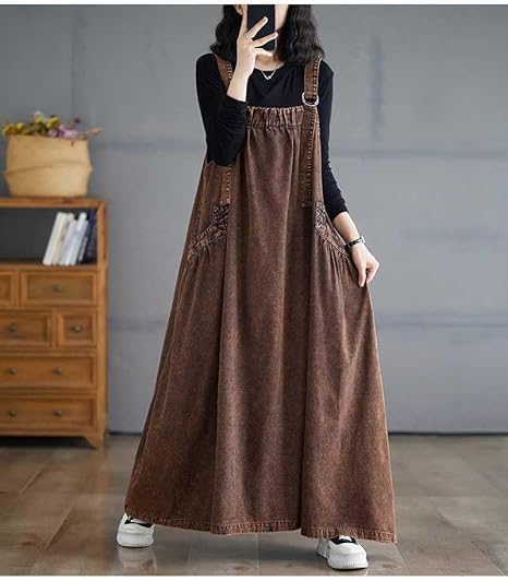 Image of Boho Jumper Dress for Women Loose Version Baggy Style Maxi Length Adjustable Straps Wide Hemline Overall Dresses
