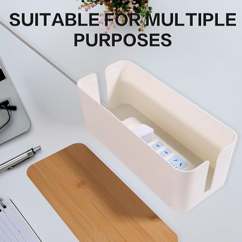 QOEOTUY Kabelbox Groß für Schreibtisch ohne Bohren - Kabel Verstecken Organizer mit Bambusdeckel & Steckdose | Umweltfreundlich gegen Kabelsalat | PC Kabelmanagement, Home Office (Weiß)