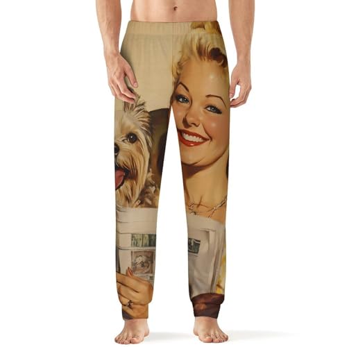 Lady And Yorkshire Terrier Puppy Dog Breathable Mens Pajama Pants Lounge Sleep PJ Bottoms Sleepwear Jogger
