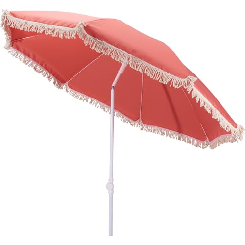 Meinposten Sonnenschirm mit Fransen 155 cm Mediterran Koralle neigbar UV Schutz 30+ inkl. Tragetasche Gartenschirm Strandschirm rund