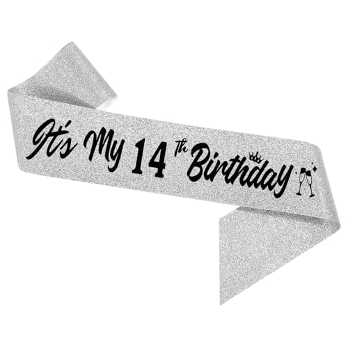 It's My 14th Birthday Silver Sash,Sparkling Happy 14th Birthday Satin Sash