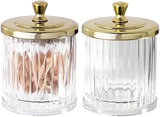mDesign Set of 2 Bathroom Cosmetics Jar  Plastic Containers with Lid for Storage of Bath Salts, Cotton Pads & More  Versatile Makeup Organiser for Dressing Table and Vanity  Clear/Soft Brass
