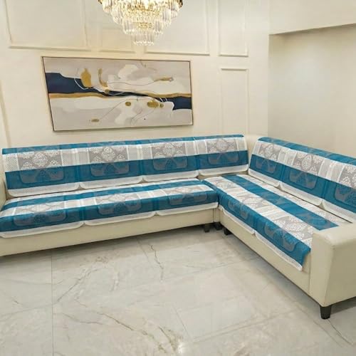 Image of Fab Nation Sofa Cover L Shape 6 Seater with Corner L Type Fully Covered Sofa Set for Living Room | Cotton Sofa Slipcovers for 3 + 3 Seaters Cover Set | Turquoise Blue