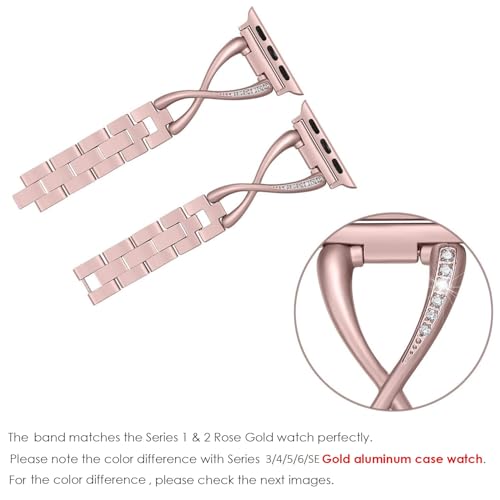 Secbolt Bands Compatible with Apple Watch Band 38mm 40mm 41mm 42mm(Series 11/10) Iwatch SE Series 11/10/9/8/7/6/5/4/3/2/1 Women Dressy Jewelry Metal Accessories Wristband Strap, Color Match Series 1&2 Rose Gold Watch by Secbolt - Image 4