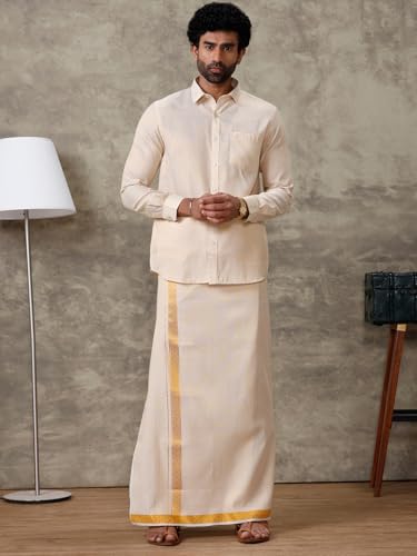 Image of RAMRAJ COTTON Men Gold Tissue Jacquard Full Sleeves Shirt with Matching Dhoti Set