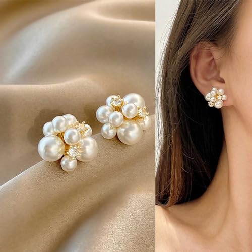 YienDoo Boho Cluster Pearl Stud Earrings - Unique French Ball Drop Statement Rhinestone Simulated Bridal Earrings - Wedding Fireworks Jewelry for Women3