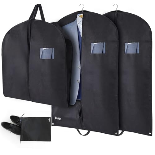 Lictin 100 x 60cm Breathable Garment Bag With PVC Transparent Window - Suit Protector Carrier for Wardrobe and Travel, Includes Shoe Cover (Black, 3 Pcs)
