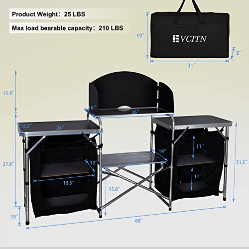 Evcitn Camping Kitchen Table, Aluminum Portable Folding Camp Cook Table With Windshield, Storage Organizer, Quick Installation For Outdoor Picnic Beach Party Cooking, Black #TOP6