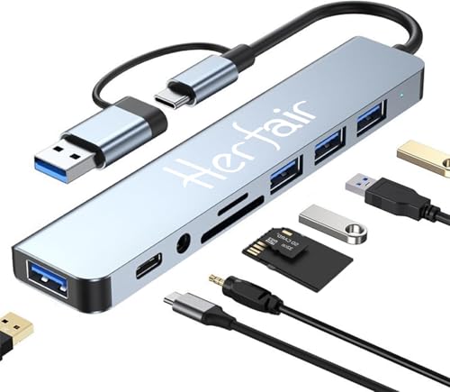 USB Hub 3.0 USB C Hub with SD Card Reader Audio Jack 8 in 1 USB Extender Splitter Multiport Dongle Adapter for MacBook Pro Air and More PC/Laptop/Tablet Devices