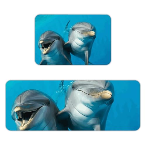 Tapete de cocina lavable y transpirable de franela con diseño de delfines sonrientes 2
