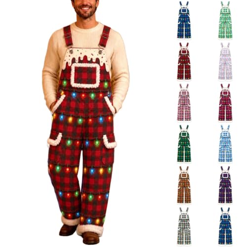 Mens Christmas Overalls Plaid Holiday Light Print Fuzzy Trim Jumpsuit - image 1