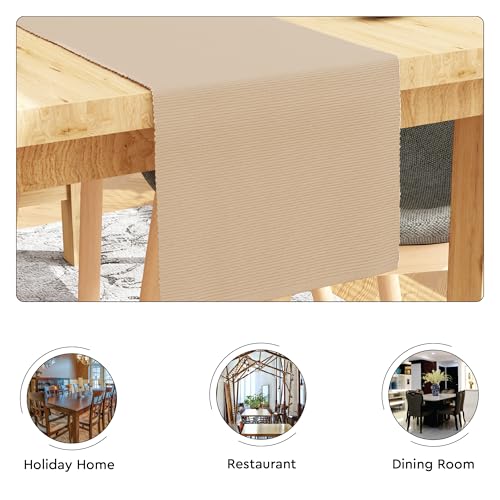 Image of Encasa XO Dining Table Runner for 4 to 6 Seater| Yarn Dyed Fine Ribbed Cotton | Size 32x150 cm | Solid Beige | Machine Washable